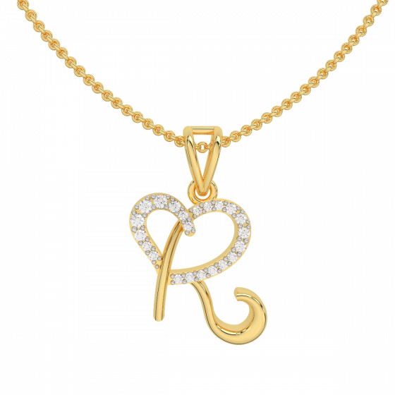 Alphabet R Heart Gold Diamond Pendant