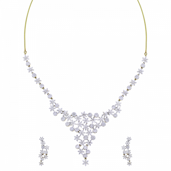 Designer Gold & Diamond Necklace Set With Floral & Round Motifs