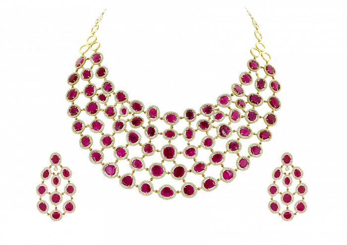 Rounded Chains Ruby Diamond Necklace Set