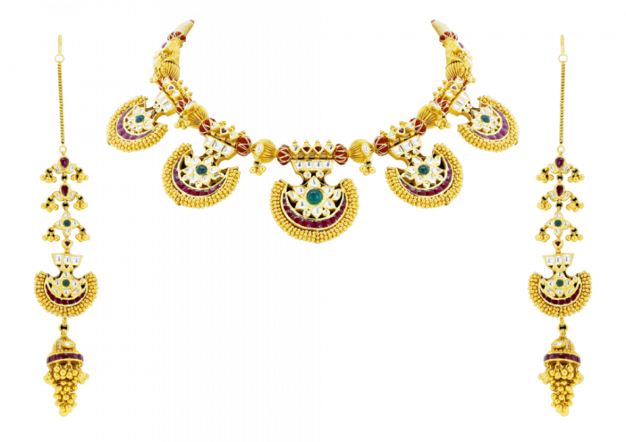 Elongated Multicolour Gold Necklace & Earrings Set