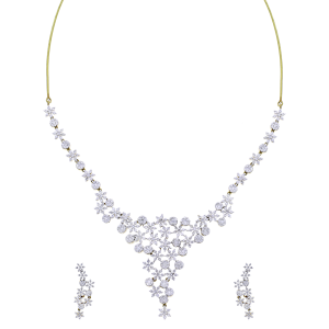 Designer Gold & Diamond Necklace Set With Floral & Round Motifs