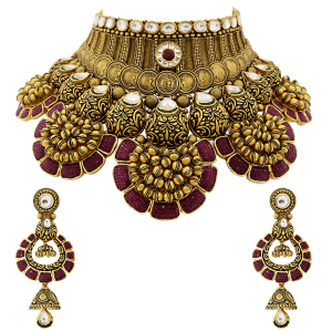 Bridal Gold Necklace Set With Red Stones & Coin Motif 