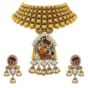 Bridal Gold Necklace Set With Enamel & Peacock Motif